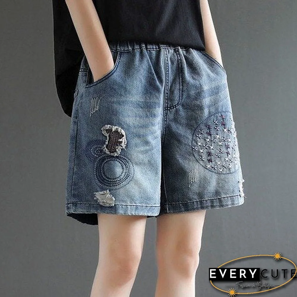 Women'S Denim Shorts Loose Embroidery Pattern Wide Short Elastic Waist Summer Shorts Jeans Plus Size Clothing For Women 4Xl 5Xl