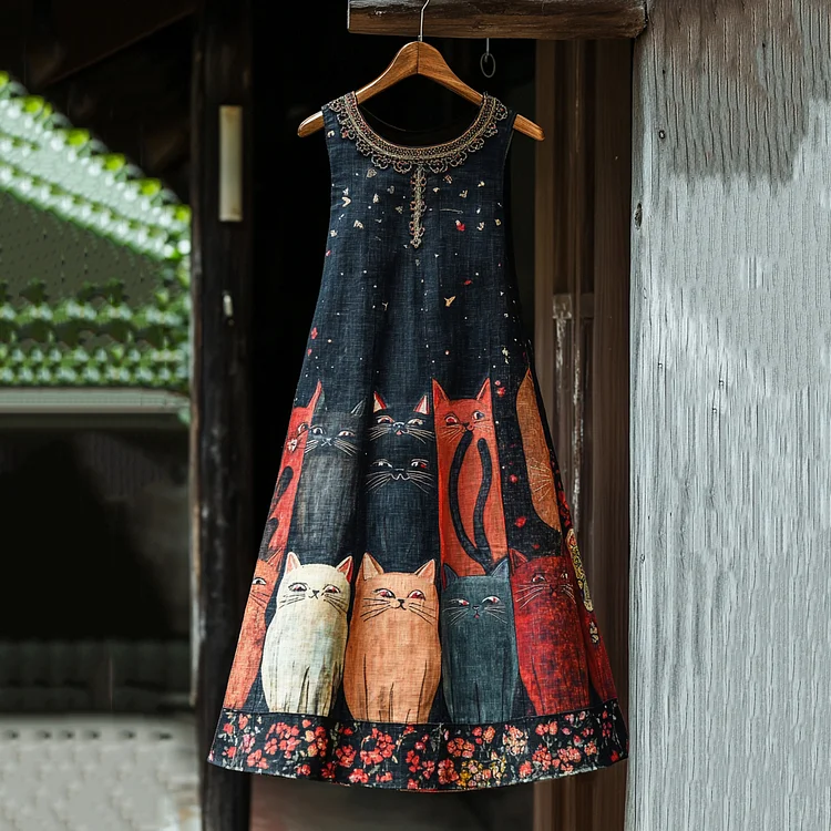 Casual Pop Art Patchwork Cotton Linen Cat Dress
