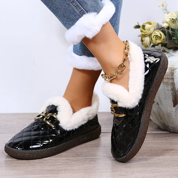 Ladies Retro Round Toe Plaid Fur Flats