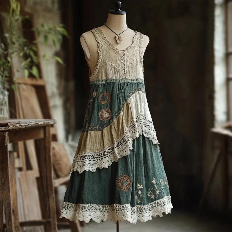 Vintage Lace Patchwork Comfy Linen Tank Dress