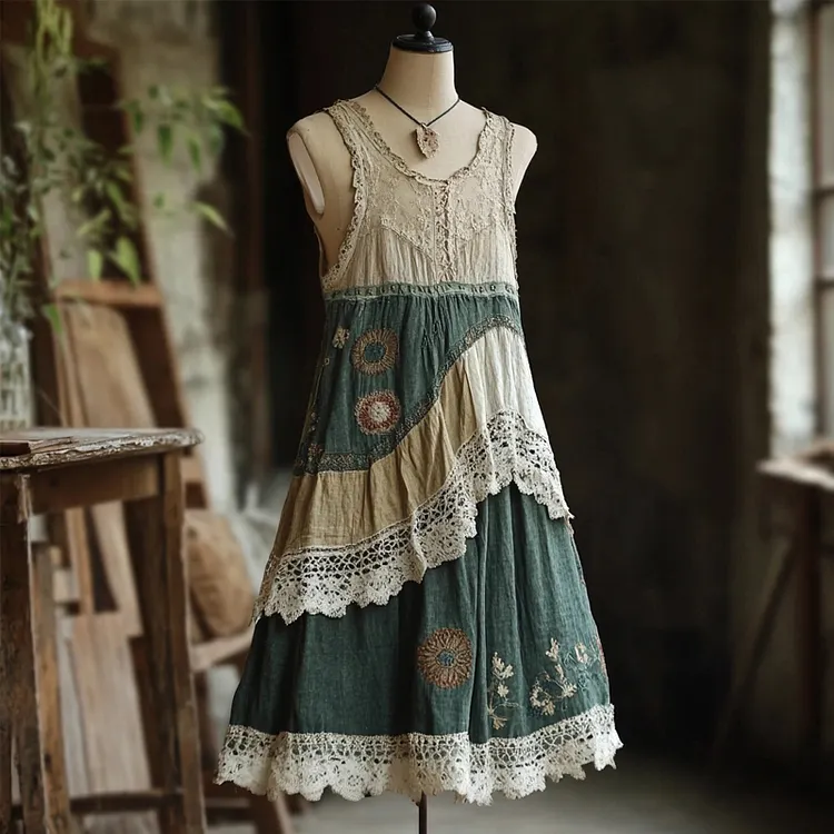 Lunivibe Vintage Lace Patchwork Comfy Linen Tank Dress