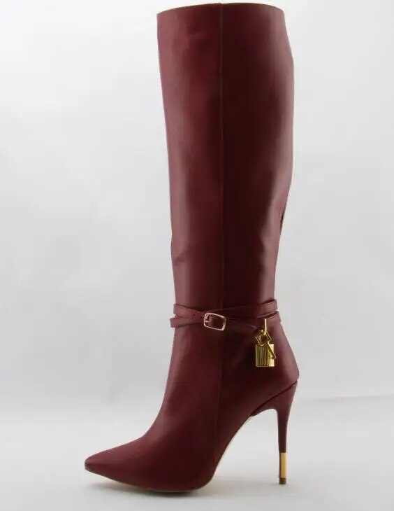 VCSHOES Fall Women Red Wine Genuine Leather Zipper Pointed Toe Knee High Boots Stiletto Heels Gold Lock Long Boots