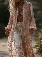 Women's Pink Rose Pattern Casual Long Cardigan