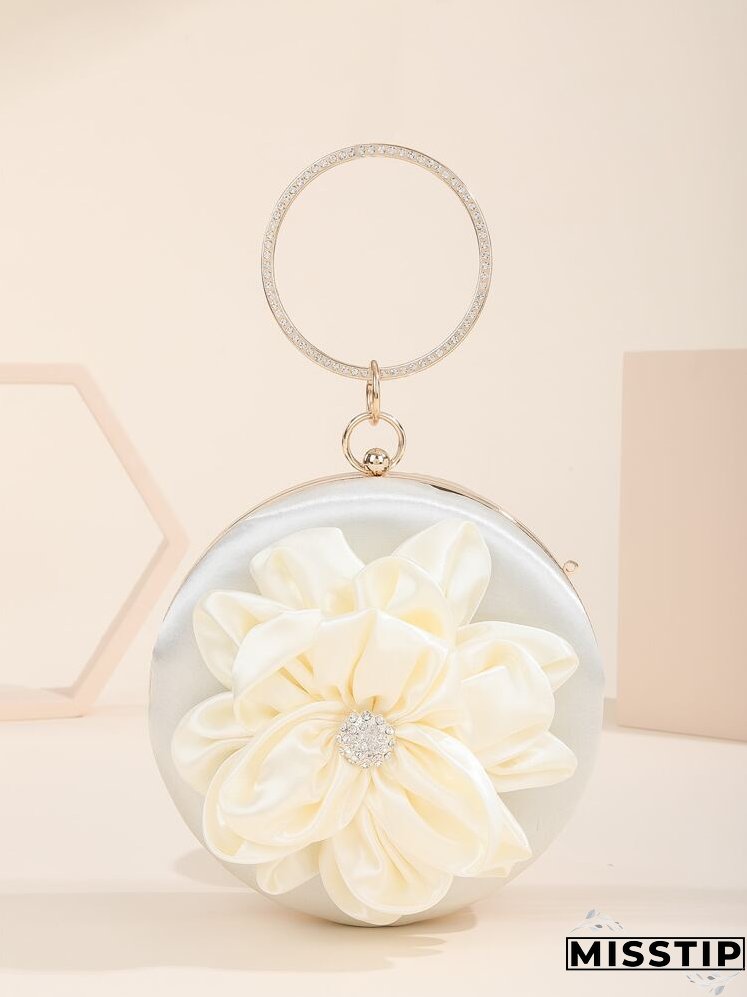 Rhinestone & Flower Decor Ring Handle Design Circle Bag