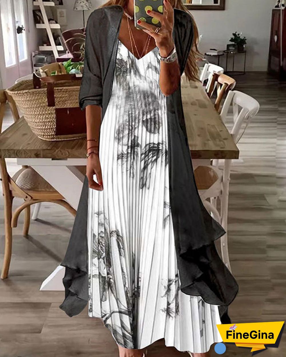 Fake Two Piece Half Sleeve Print Casual Retro Sexy Dress