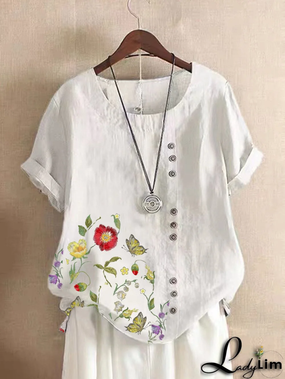 UR Floral Print Crew Neck Button T-Shirt