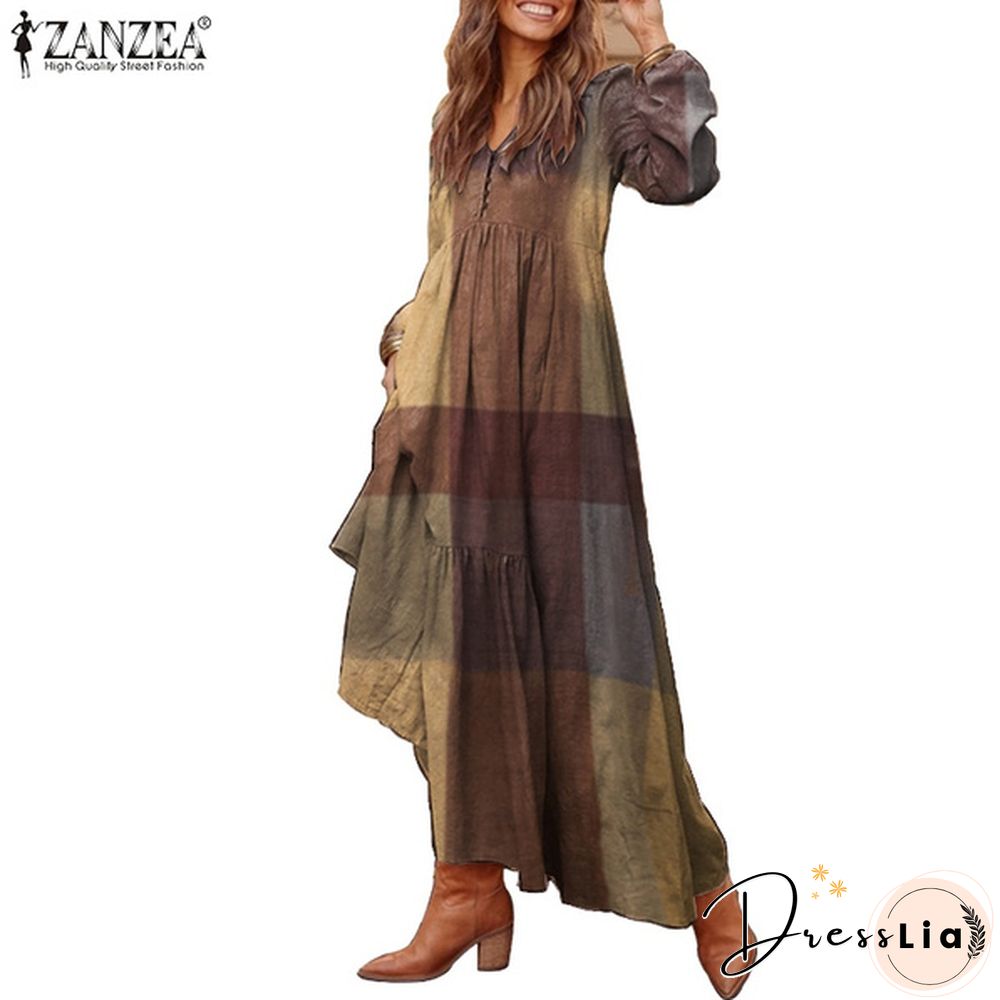 Zanzea Women Long Sleeve V-Neck Printed Kaftan Puff Sleeve Casual Loose Long Maxi Dresses Plus Size