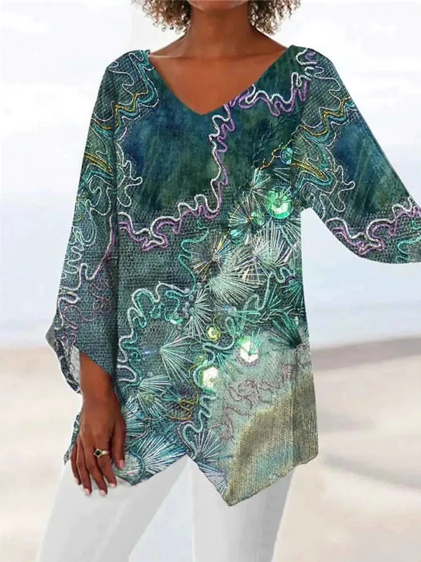 Women Long Sleeve V-neck Graphic Floral Printed Top