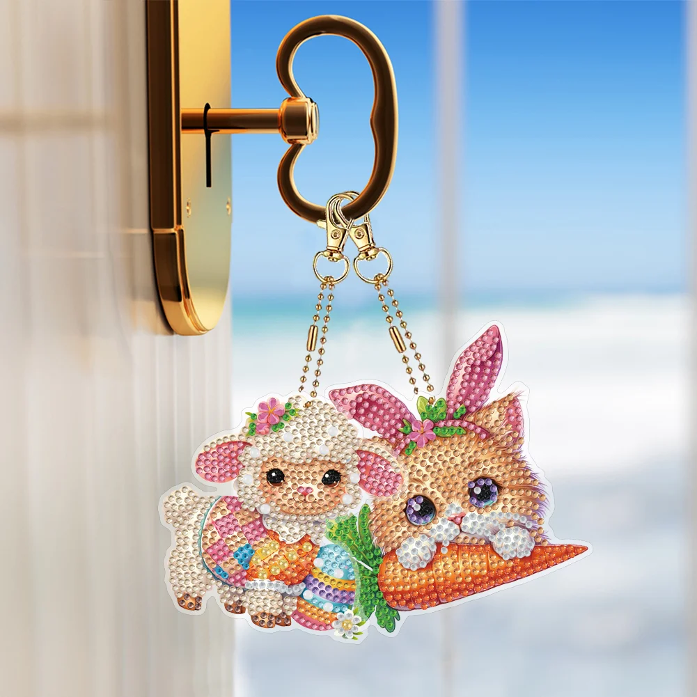 6Pcs Double Sided Special Shape Easter Animals Diamond Painting Art Keyring