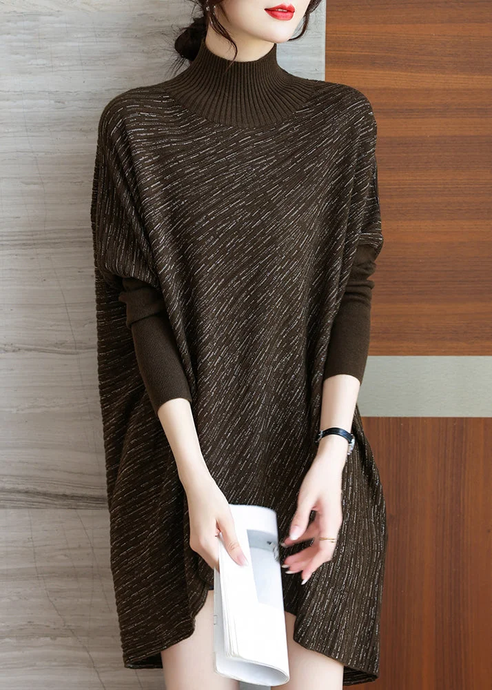 Plus Size Coffee Low High Design Knit Sweater Batwing Sleeve