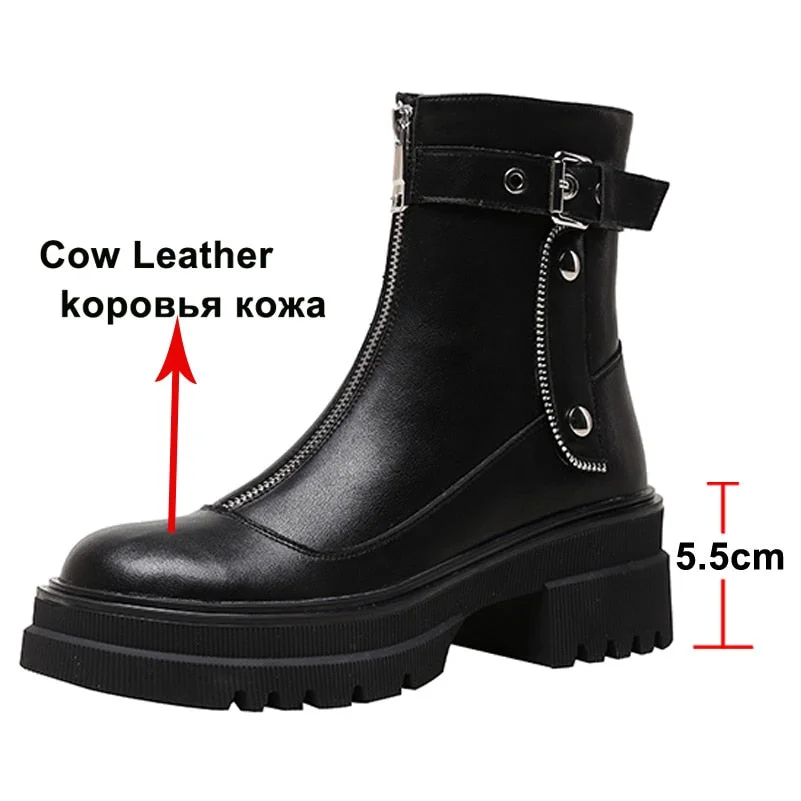 Meotina Genuine Leather Ankle Boots Women Shoes Platform Thick Heel Round Toe Boots High Heel Zipper Ladies Boots Autumn White