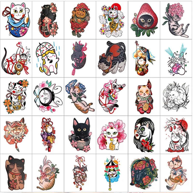 40PCS Cartoon Cat Fake Tattoo Stickers for Men Women Colorful Animal Temporary Tattos Arm Waist Body Art Waterproof Flash Tatoos