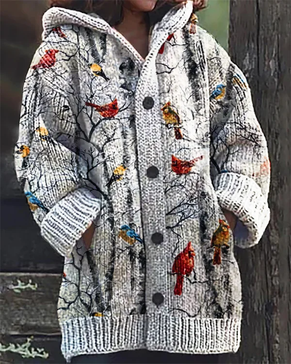 Vintage Owl Print Hooded Cardigan