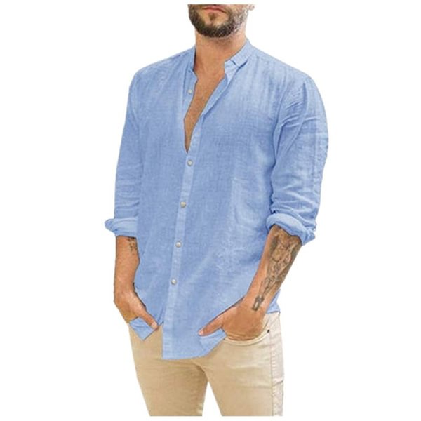 European and American New Men's Cotton and Linen Cardigan Solid Color Casual Stand-up Collar Long-sleeved Shirt - Shop Trendy Women's Fashion | TeeYours