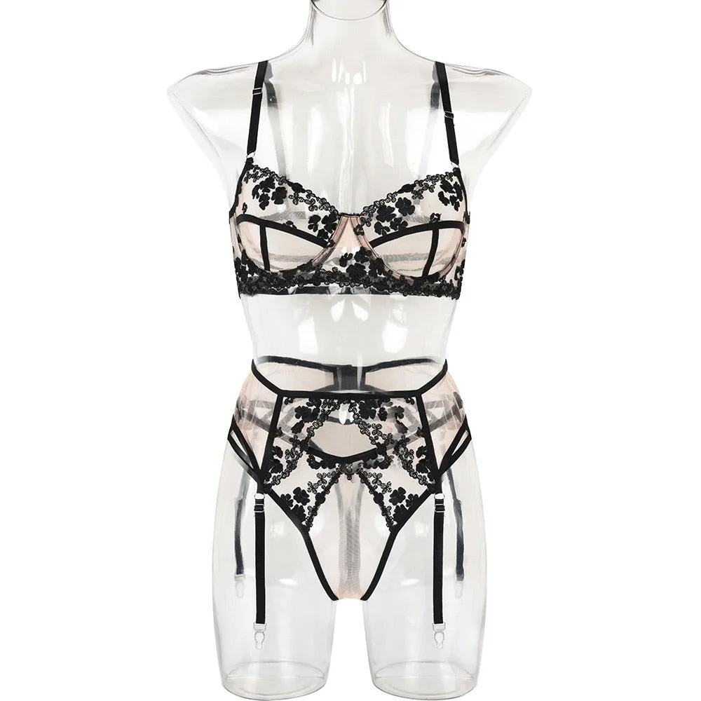 Yimunancy 3-Piece Lace Bra Set Women Transparent Patchwork Sexy Lingerie Set Ladies Mesh Panty Underwear Set