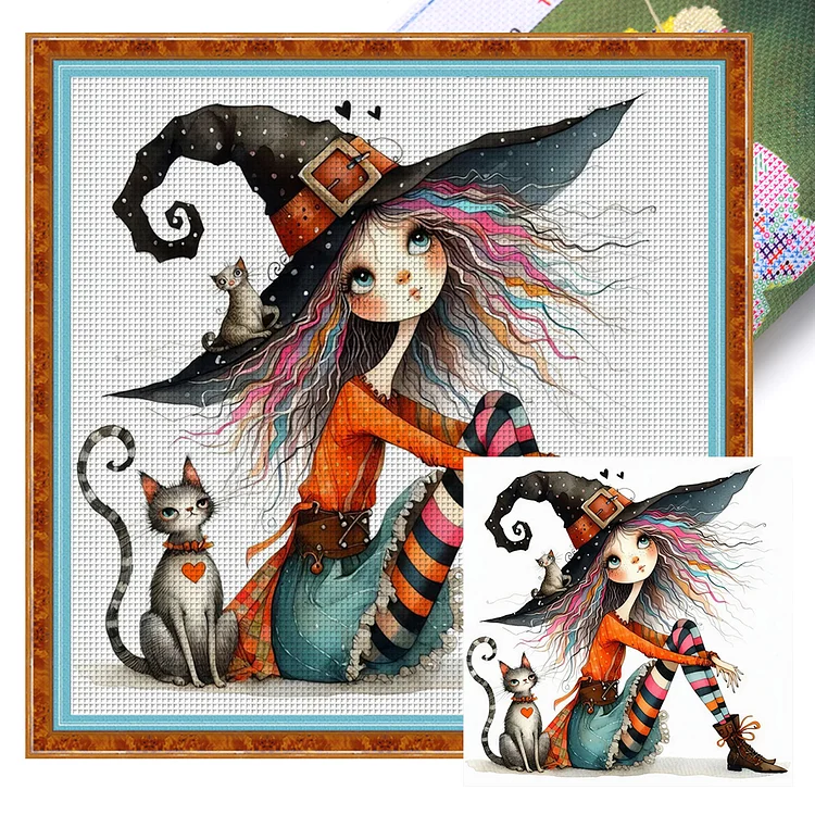 Witch And Cat On Halloween (40*40cm) 11CT Stamped Cross Stitch gbfke