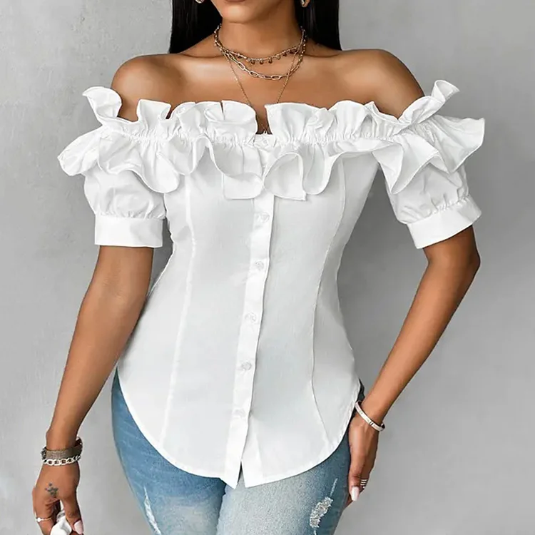 Casual Ruffled Off Shoulder Puff Sleeve Button Blouse