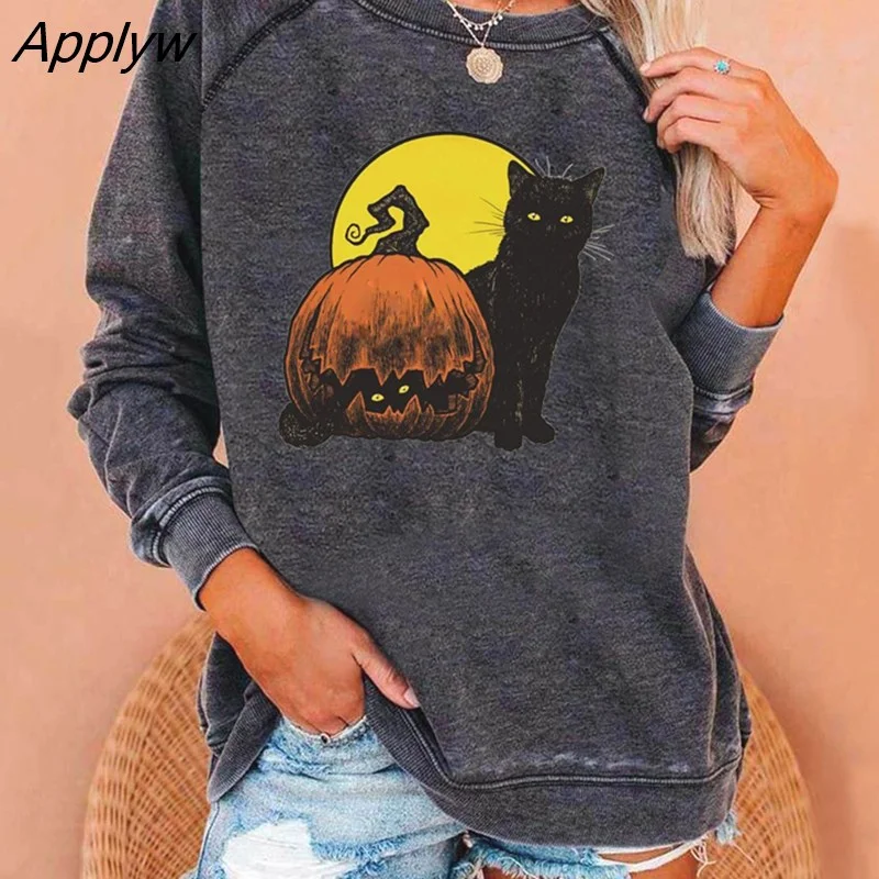 Applyw Printed Female Vintage Round Neck Sweatshirts Autumn Women's Clothing Fashion Casual Long Sleeve Loose Tops Pullovers