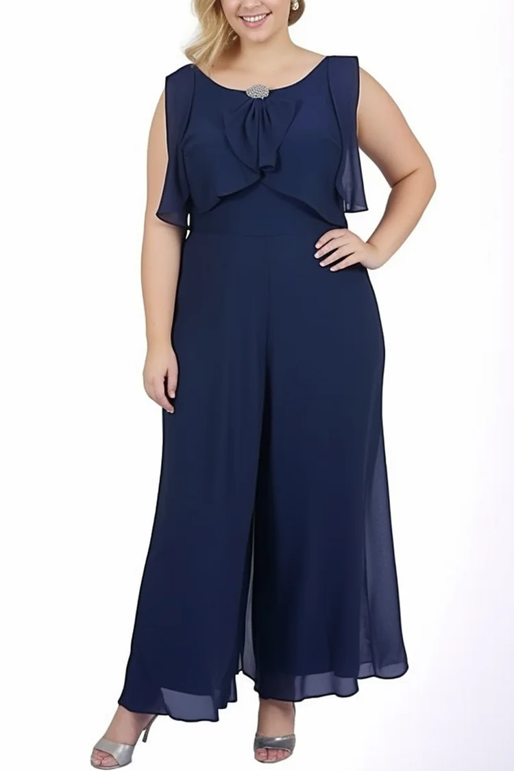 Flycurvy Plus Size Mother Of The Bride Navy Blue Scoop Neck Sleeveless Loose Wide Leg Jumpsuit  Flycurvy [product_label]