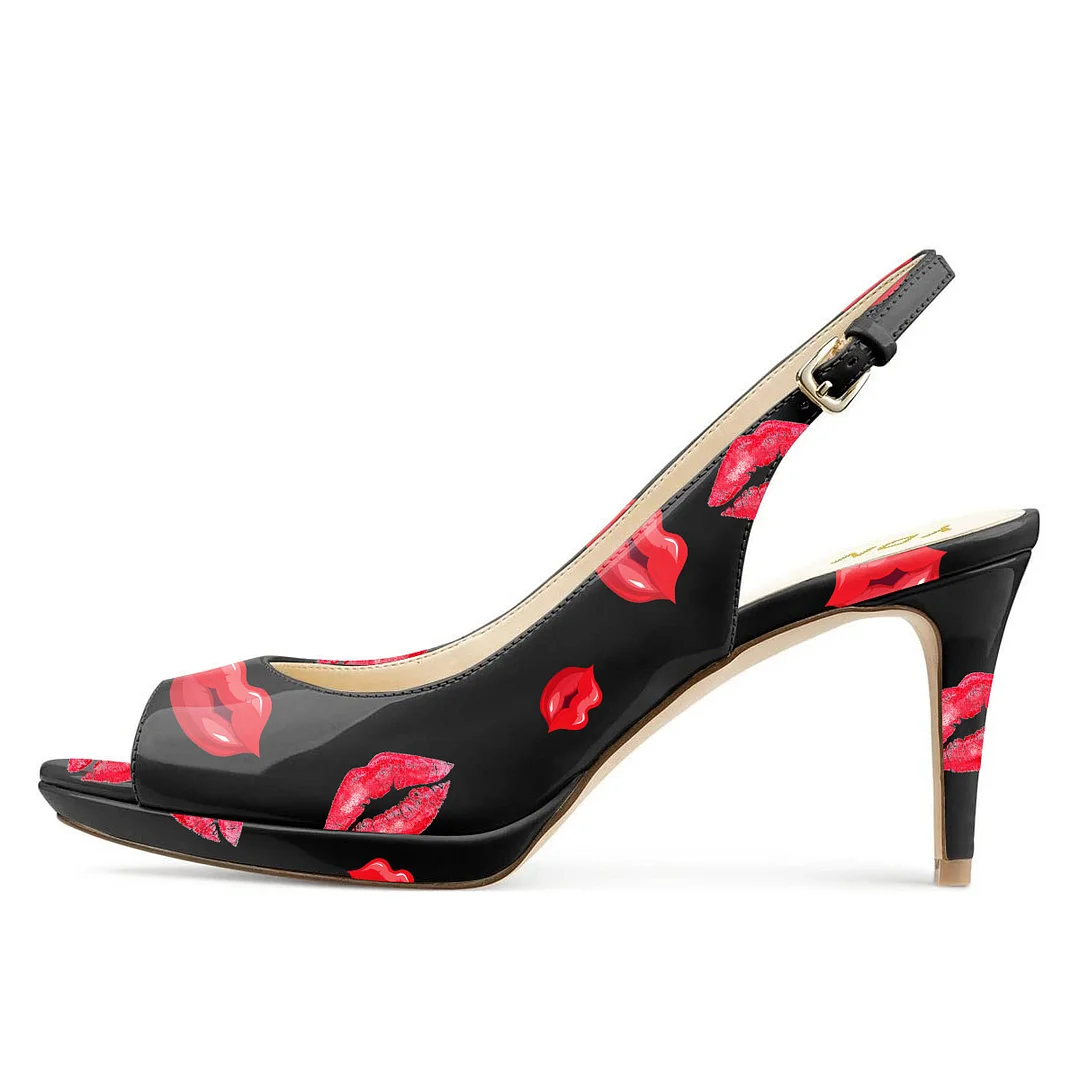 Patent Leather Slingback Red Lips Printed Platform Sexy High Heels