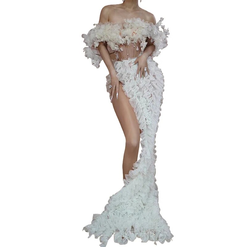 VCSHOES White Wedding Irregular Mesh Tube Top Evening Dress Singer Drag Queen Club Party Birthday Special Ocassion Costume Rave