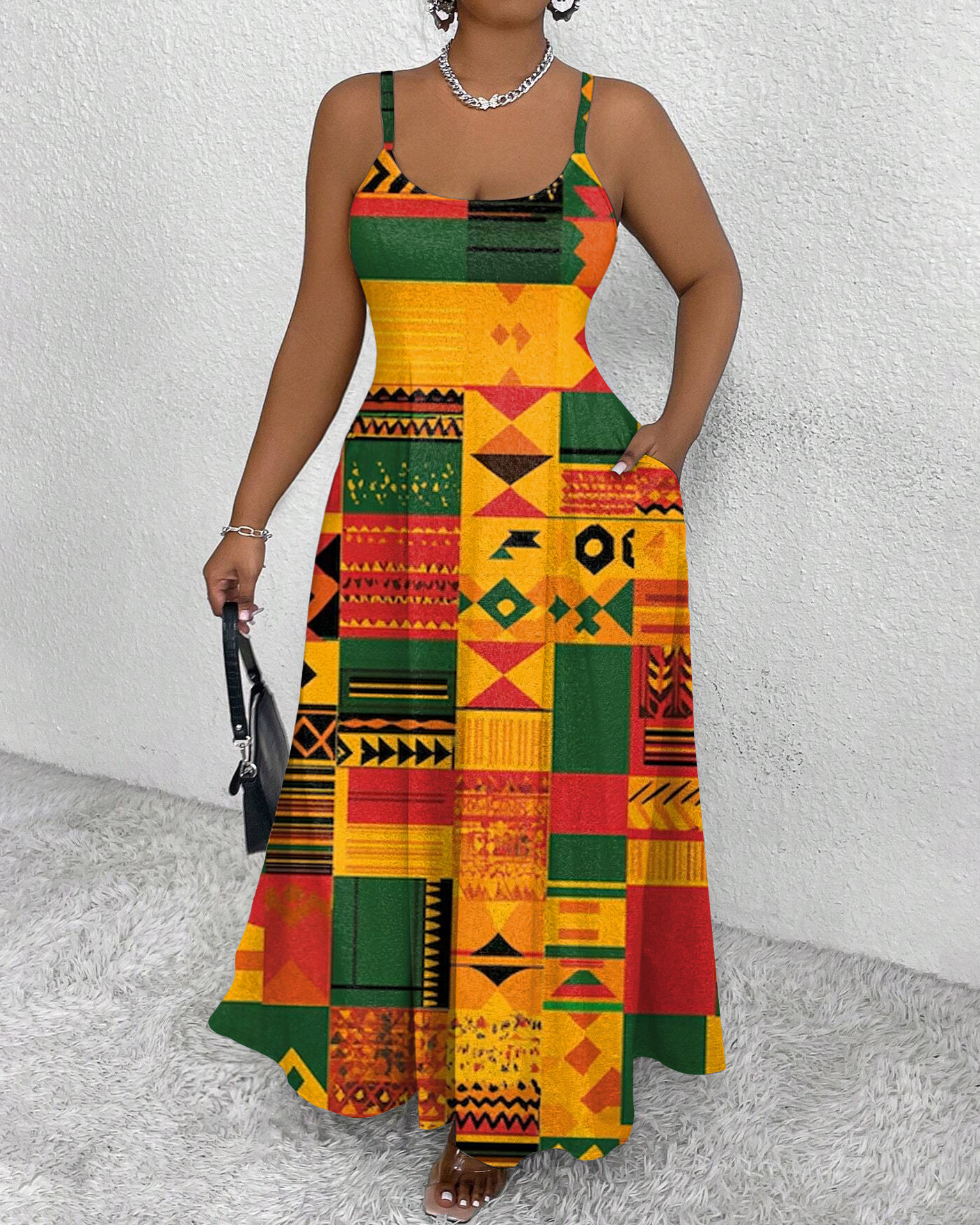 Sling African Fabric Pattern Pocket Maxi Dress
