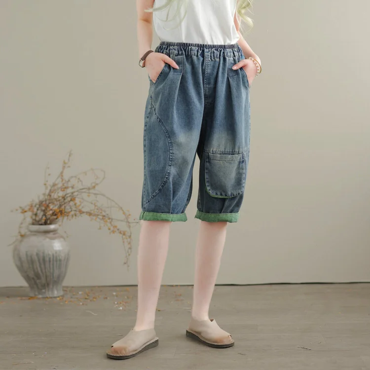 Women Summer Casual Loose Patchwork Denim Shorts