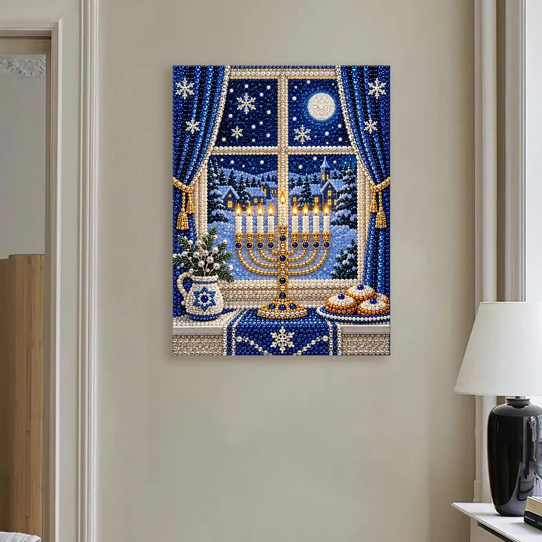 Framed Pearl Painting Kit Hanukkah Menorah 11.81x15.75in