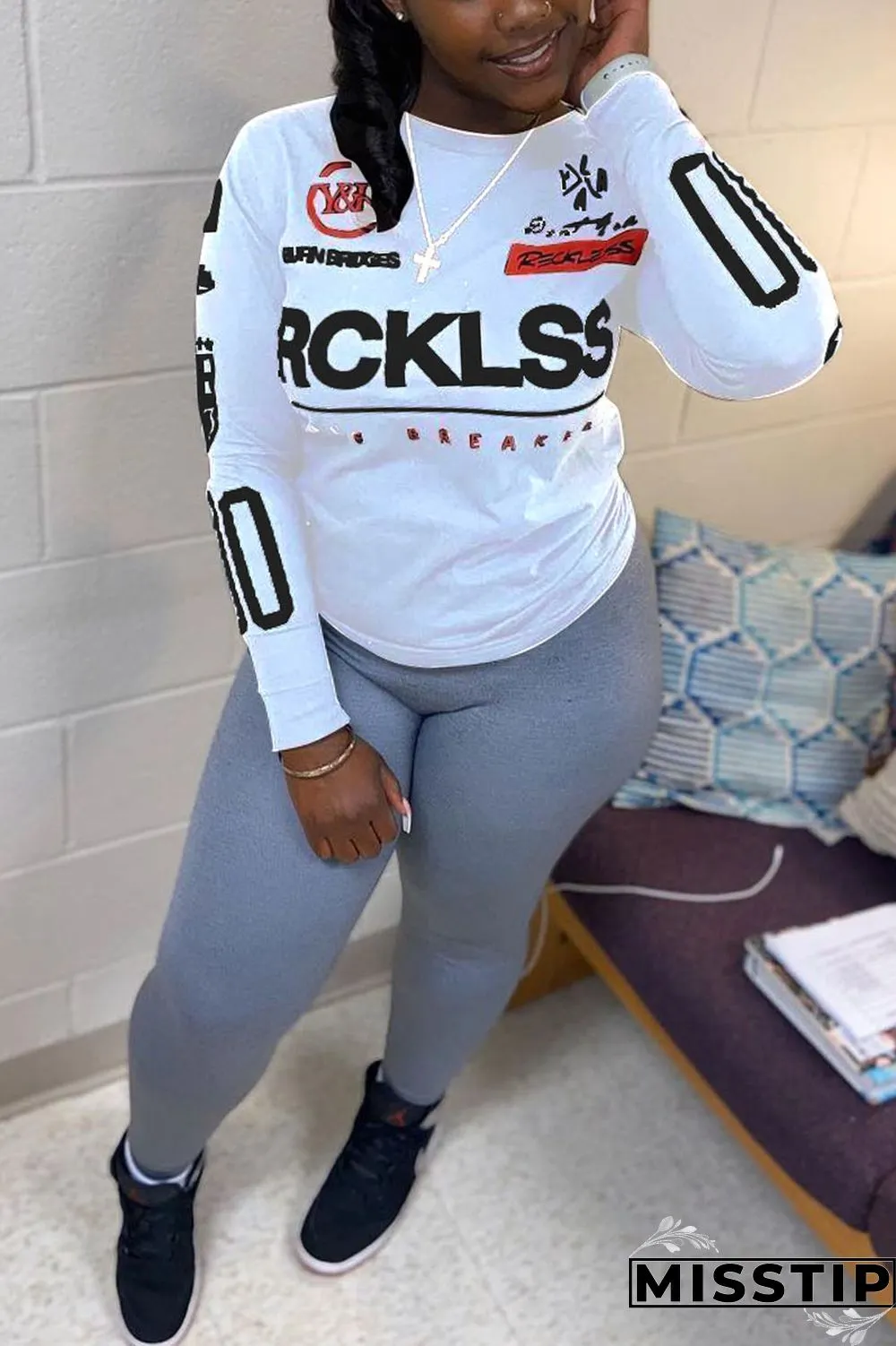 Dark Blue Casual Letter Patchwork O Neck Long Sleeve Two Pieces