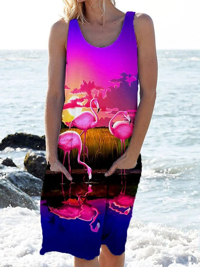 Printed Beach Dress Crew Neck Sleeveless