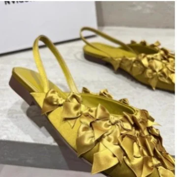 Yyvonne New Flat-Bottomed Sandals Women's French Temperament Bows Cool Slippers Low Heel Pointy Cloth Single Shoes