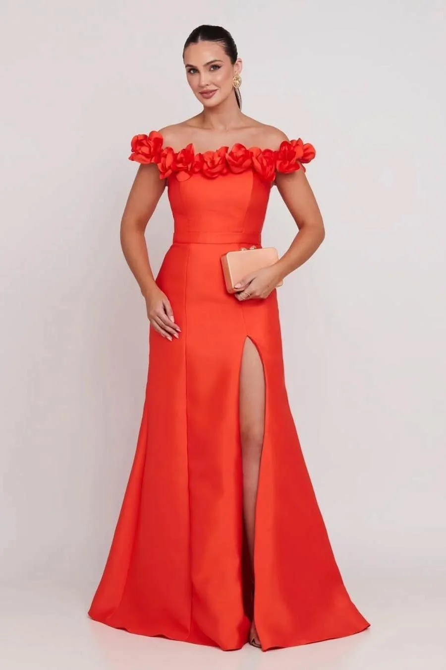 Miabel Shinning Bright Orange Satin Strapless Off the Shoulder Long Flower Prom Dress with Split  