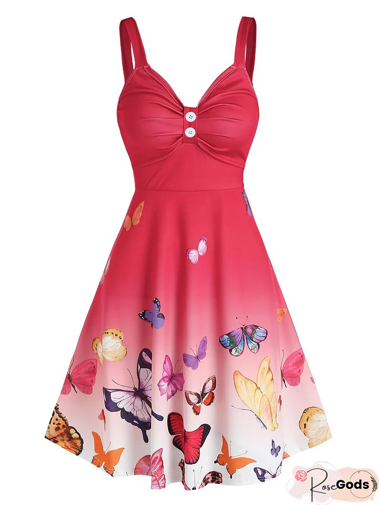 Ombre Color Butterfly Print Ruched Dress Casual Sleeveless V Neck Sling Mini Dress Ruched Dress Women Summer Sexy Dress