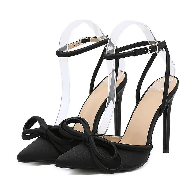 Luxury Satin Ankle Strap Pointed Toe High Heel Butterfly Pumps - Black