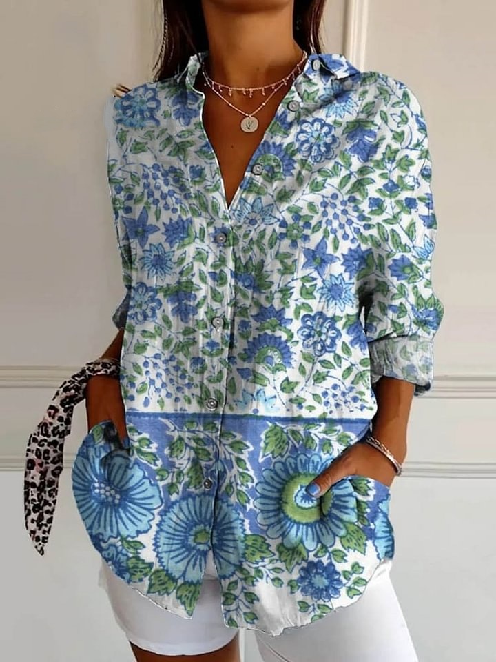 Women's Lovely Floral Art Print Casual Cotton Shirt