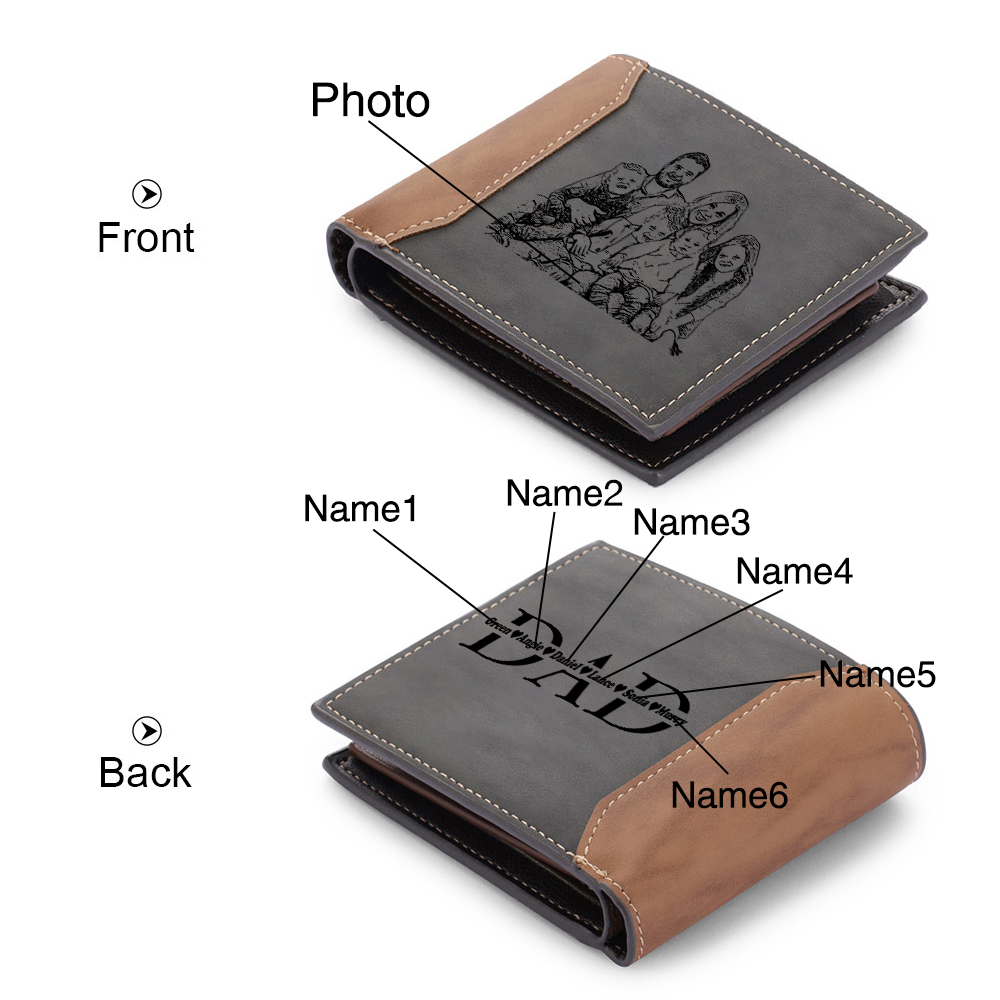 6 Names - Personalised Dad Billfold Wallet Custom Name & Photo & Text Leather Wallet Father's Day Gifts-Jessemade AU