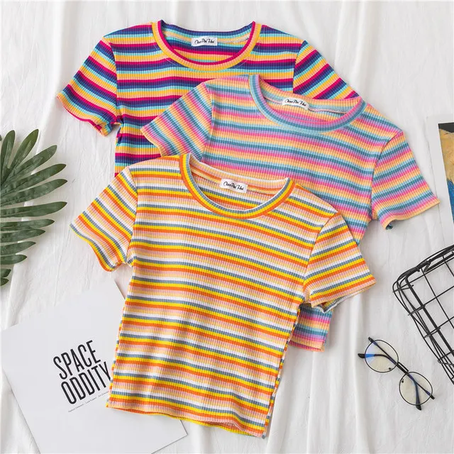 New T Shirt Women Rainbow Striped Tops Slim Fit t shirt Harajuku Tshirt Summer Short Sleeve Korean T-shirt feminina Clothes Tops 