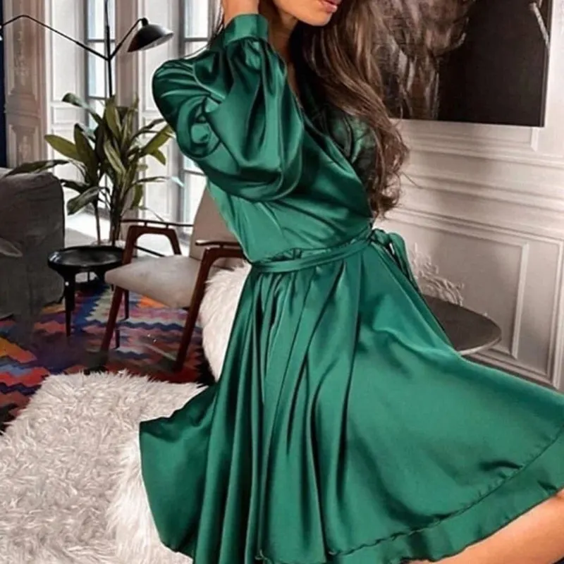 2020 Summer Autumn satin Casual  Women Dress Ladies V-neck Belt vintage Elegant Party Dress Lantern Sleeve A-line Mini Dress