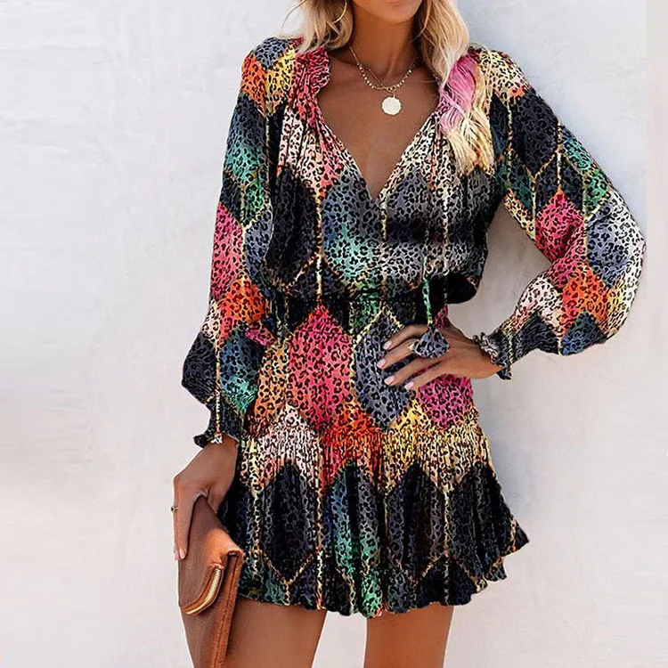 Women's Dresses   Casual Lantern Sleeve Ruffle Mini Waist Dress Spring Floral Print Long Sleeve V Neck  Dresses