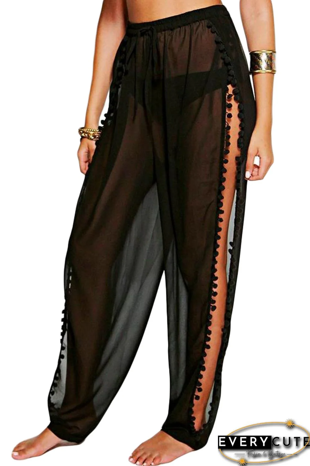 Black Pom Pom Split Beach Trouser