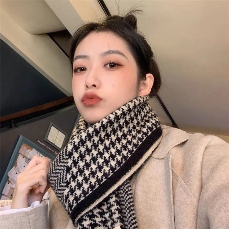 New Korean-style Classic Houndstooth Double-sided Scarf Women’s Autumn And Winter Warm Fashion Knitted Scarf Wind-blocking Scarf