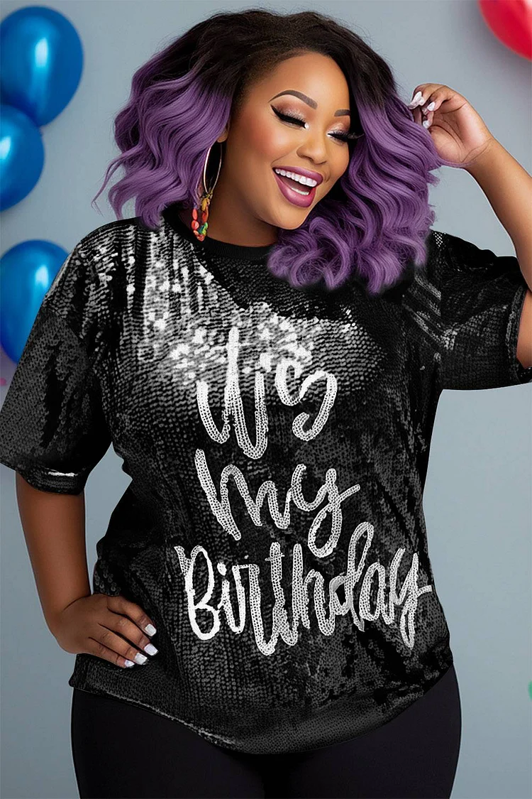 Xpluswear Design Plus Size Birthday Pink Letter Print Round Neck Short Sleeve Elegant Sequin Blouses [Pre-Order]