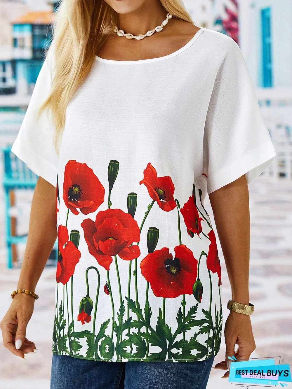 Casual Floral Loosen Round Neck Short Sleeve Top