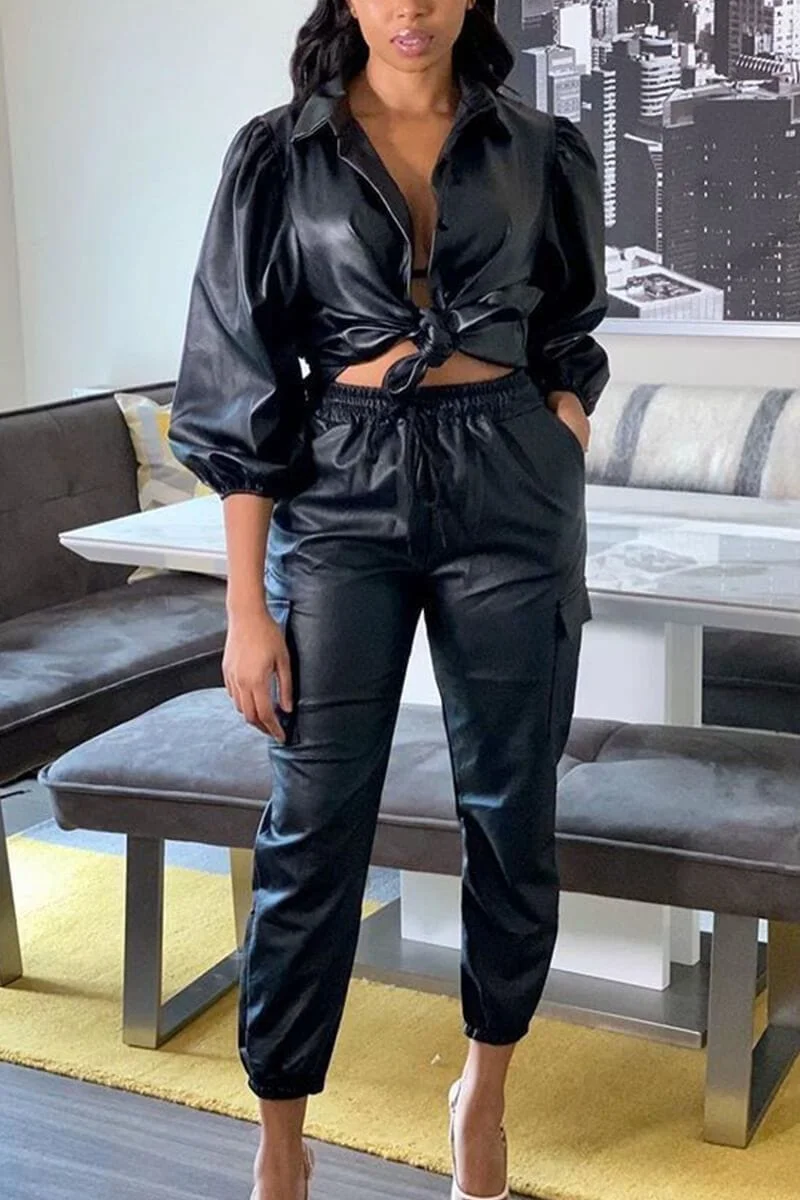 Casual Leather Black Solid Two Pieces