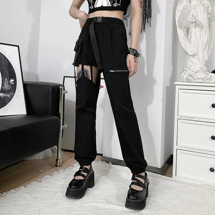 GOTH ALTERNATIVE ONE LEG TIED HIGH WAIST BLACK PANTS