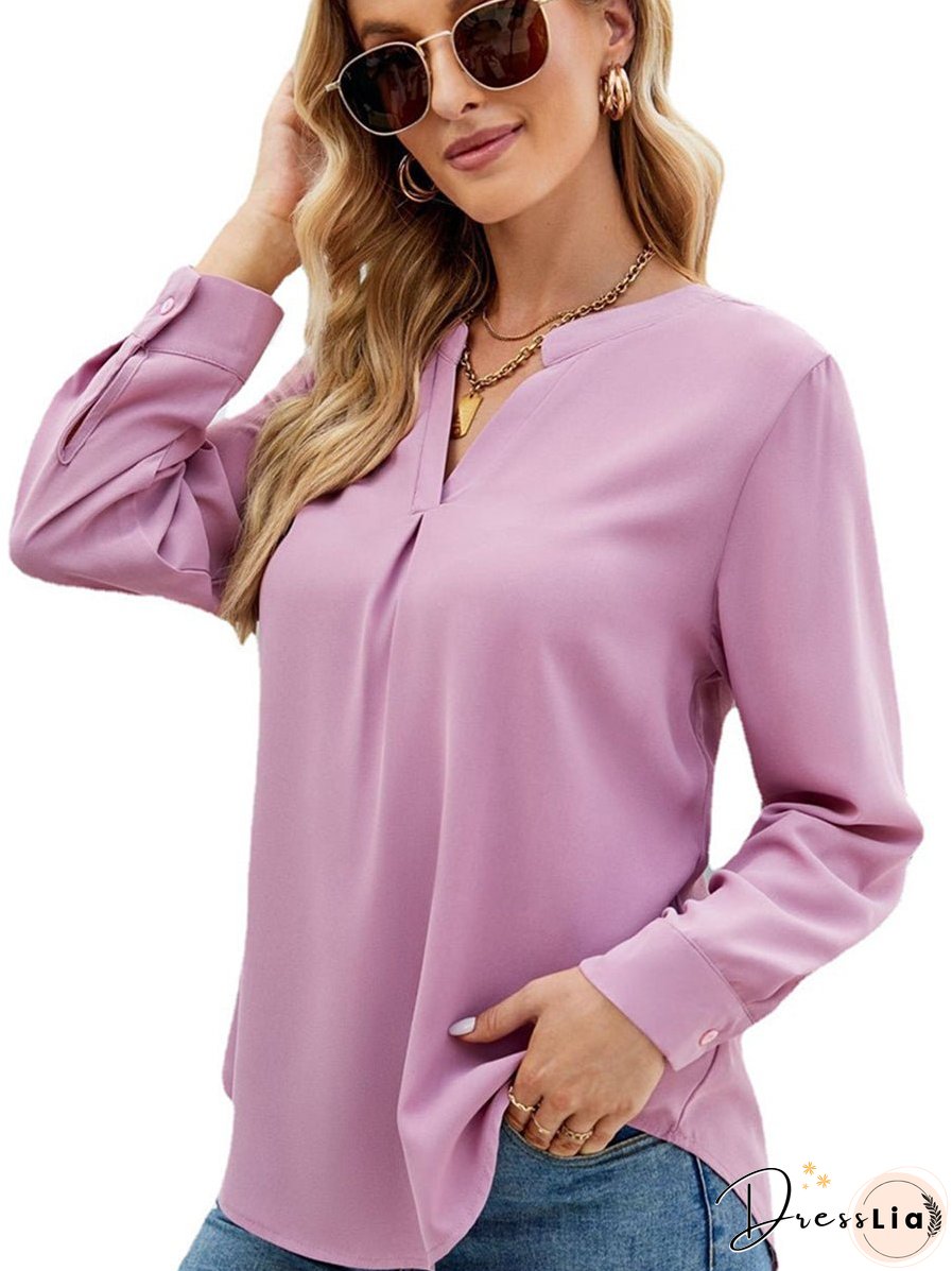 Solid Color Chiffon Loose V-Neck Long Sleeve T-Shirt