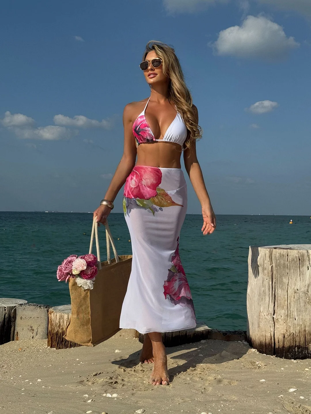 Uveng 2025 New Fixed-Print Large Floral Three-Piece Mesh Dress Sexy Bikini