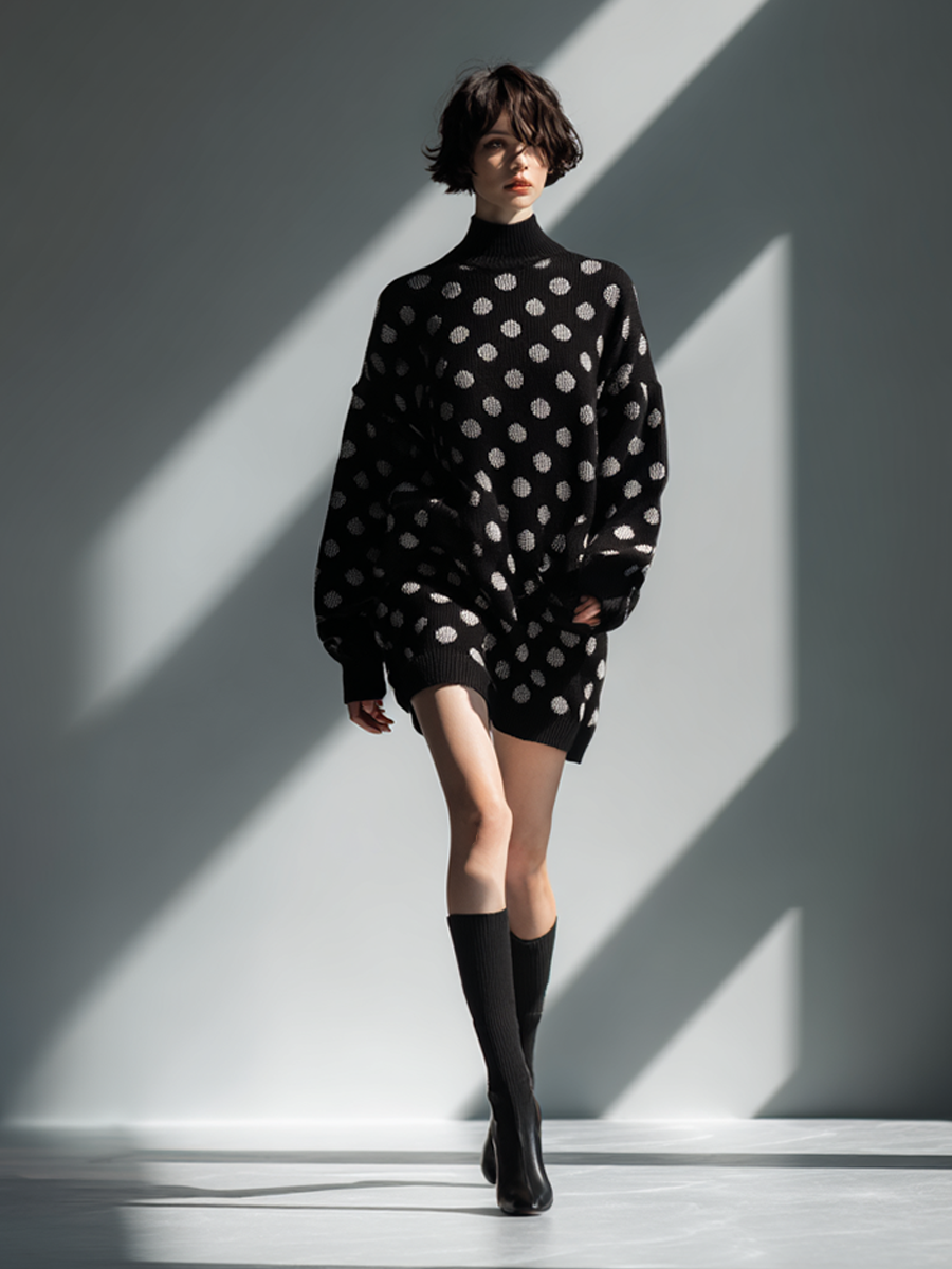 Women's Oversized Polka Dot Turtleneck Knit Mini Dress MDA2836K5AP