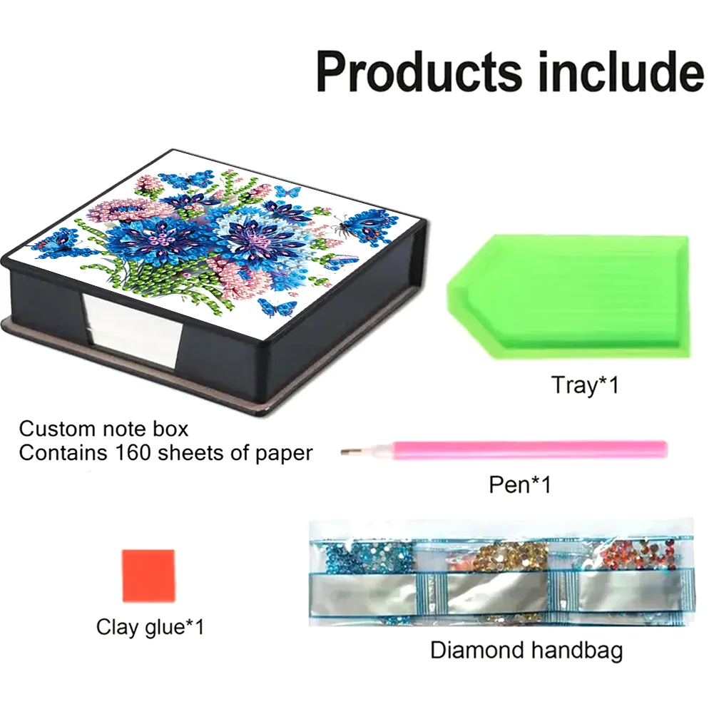 Blue Flowers PU Diamond Painting Notecard Box 5D DIY Diamond Art Note Box
