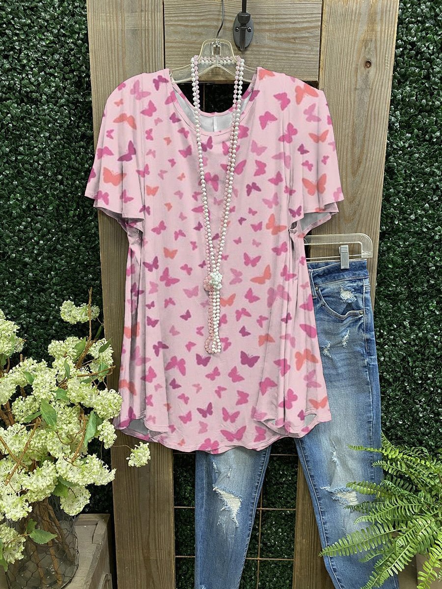 Butterfly print casual V-neck short sleeves